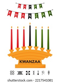 Kinara, ein Kerzenhalter mit 7 traditionellen Kwanzaa-Kerzen. Feierliche Flaggen mit den Worten Happy Kwanzaa. Eine Grußkarte für einen afroamerikanischen Urlaub. Flache Vektorgrafik einzeln auf weißem Hintergrund