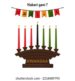 Kinara, a candlestick with 7 traditional Kwanzaa candles. Festive flags with Kwanzaa symbols. Habari Gani - Swahili Translation - What is the news. Flat vector illustration isolated on white