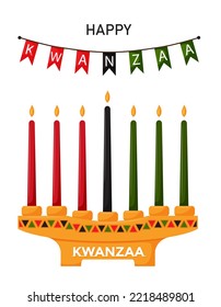 Kinara, candlestick with traditional Kwanzaa candles. Festive flags with the inscription Kwanzaa. a holiday card for an African American holiday. Flat vector illustration isolated on white background