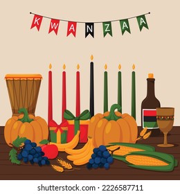 Kinara with traditional Kwanza candles, a festive concept with a gift box, pumpkin, wheat ears, grapes, banana, Unity cup and fruit basket. Cartoon vector illustration on a wooden table.