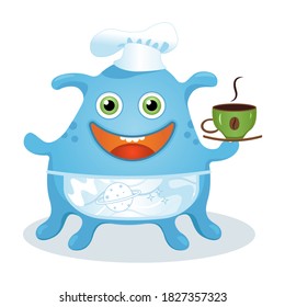 The kind alien cook is wearing a white hat and an apron, smiling and holding a cup of coffee. It's a nice vector illustration for restaurant. It's a logotype with the nice monster chef.