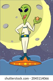 A kind alien stands on a flying saucer in space