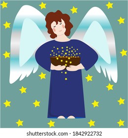 A kind angel throws yellow stars in the night sky.Backgrounds and textures.Postcard.Banner.Poster.
