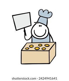 Kind baker stands with a sign in his hands and offers cakes. Cartoon vector cook wears  hat to draw attention to the food. Isolated hand drawn illustration on white background.