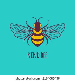 Kind bee poster on a blue trendy background. Bee for gardening on an isolated background. Bumblebee for cutting SVG file. Vector illustration