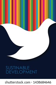 Kind bird flying in front of graphical rainbow sky. Representing Sustainable development of a business