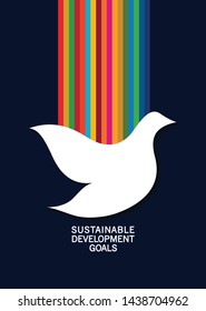 Kind bird flying in front of graphical rainbow rain. Representing Sustainable development of a business. Freedom, kind and power.