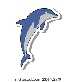 Kind blue dolphin jumping out of water. Animals and fish inhabitants of sea depths and oceans concept. Flat paper sticker isolated on white background