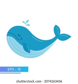 A kind blue whale in delicate blue colors, splashes water out of itself when exhaling. Proud and sweet. Vector illustration.