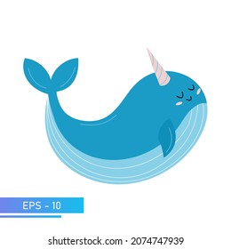 A kind blue whale in delicate blue colors, with a festive cap on his head. Proud and sweet. Vector illustration.