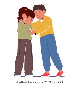 Kind Boy Character Comforts Upset Friend, Offering Solace With A Candy. His Gentle Support Eases Her Tears, Creating A Heartwarming Moment Of Friendship And Care. Cartoon People Vector Illustration