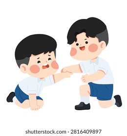 Kind boy extending a hand to help another boy stand up after falling. Ideal for friendship themes, school projects, kindness campaigns, teamwork resources, and empathy concepts.