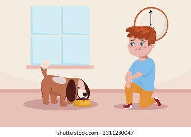 Kind boy giving food to his dog.