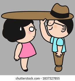 A Kind Boy Is Sharing His Long Hat With The Girl Concept Card Character illustration