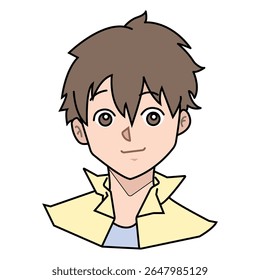 Kind boy with sincere smile and brown hair wearing yellow shirt. Outlined illustration on white background.