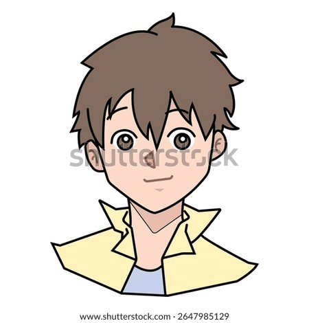 Kind boy with sincere smile and brown hair wearing yellow shirt. Outlined illustration on white background.