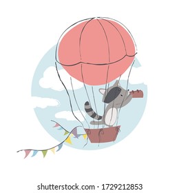 Сute, kind, bright and cheerful color illustration in childish style, with a raccoon flying in a balloon with flags and looking through binoculars