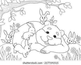 Kind brown bear with the little rabbits in the forest. Children coloring book, vector.
