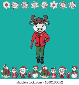 A kind bull in a red jacket. New Year card. Vector illustration.