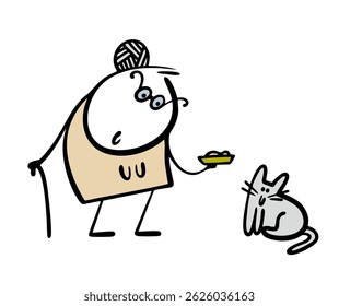 Kind cartoon old lady brought a plate of milk and food for a stray lonely cat. Vector doodle illustration of stickman to take care of animals.