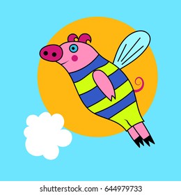 Kind cartoon smiling pig character with wings flying in sky with clouds and sun. Vector illustration.