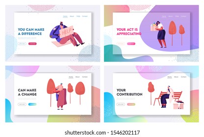 Kind Characters Care About People Website Landing Page Set. Volunteers Bringing Donations to Beggars Living on Street. Social Support and Help to Poor Web Page Banner. Cartoon Flat Vector Illustration