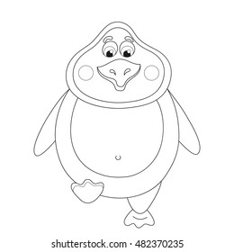 Kind cheerful cute penguin walks, fat birdie takes step, funny character raises paw, coloring book page for children, vector