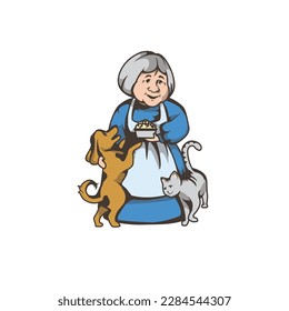 Kind cheerful grandmother holds a bowl of food for a dog and a cat. Vector illustration of characters for a logo or postcard.