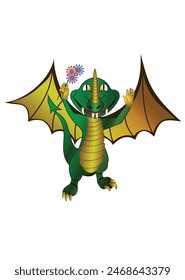 Kind, cheerful, green dragon with a bouquet of flowers. Illustrator 10 EPS.