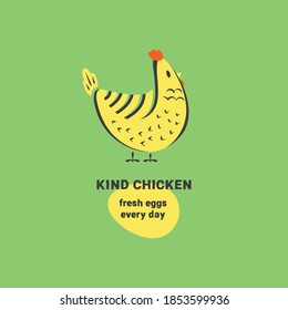 Kind Chicken logo concept. Cute cartoon laying hen. Logo template for poultry farm. For restaurant or cafe menu, packaging, butcher shops and chicken farm. Fresh eggs every day slogan.