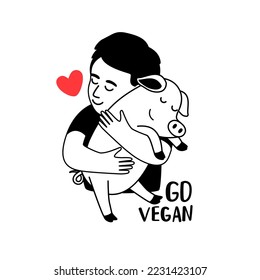 Kind child shows his love to animals and hugging a piglet. Nature respect concept and vegan. Happy pig with little heart. Vector black and white illustration friendship between people and animals