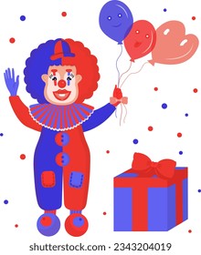 Kind clown with balloons and a gift. Vector illustration. EPS 10.