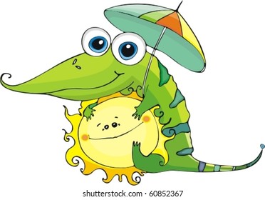 kind crocodile is on friendly terms with the sun and sits under an umbrella