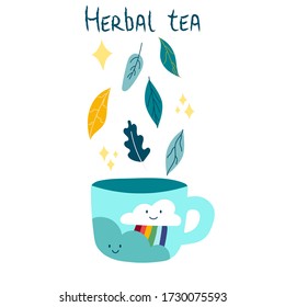 Kind and cute cup with beautiful weather drawings on and flying leaves and spices .Lettering phrase: herbal tea. Stock vector illustration isolated on white background. 