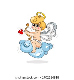 Kind and cute cupid character on the cloud. Vector illustration Happy Valentine's Day.