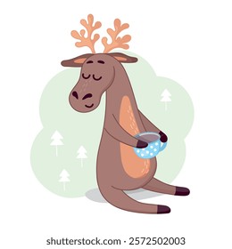 kind deer drinking tea, harmony, calm, coloring for children, forest, animal, christmas deer