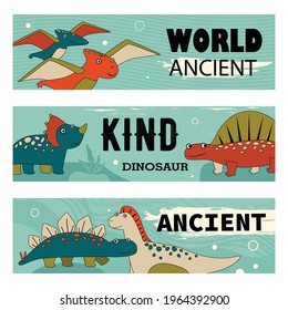 Kind dino characters banners set cartoon vector illustration. Banners with cute and funny prehistoric animals in colorful background. Dinosaur, history, ancient concept for banner design, landing page