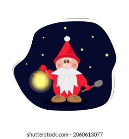 A kind dwarf gnome in the dark with a flashlight and a shovel is looking for gold