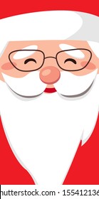 Kind face santa claus with glasses. Cheerful portrait with copy space on a white beard. Merry Christmas and Happy new year. Vector flat illustration. Design for greeting card, banner, poster.