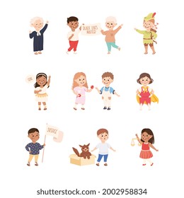 Kind and Fair Little Children Doing Justice and Engaged in Honest Behavior Vector Set