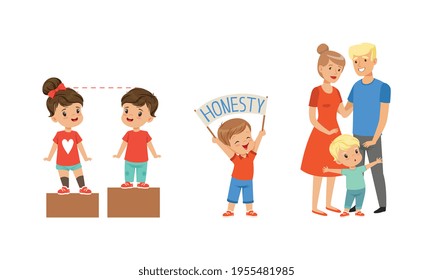 Kind and Fair Little Girl and Boy Character Holding Honesty Banner and Protecting Parents Vector Illustration Set