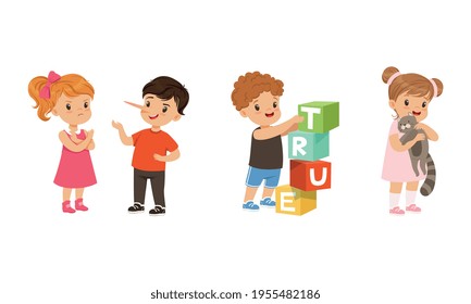 Kind and Fair Little Girl and Boy Character Playing with Toy Blocks and Denying Lie Vector Illustration Set