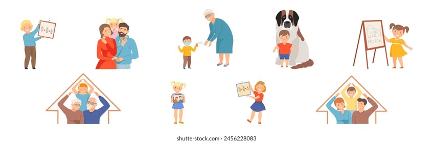 Kind and Fair Little Girl and Boy Character with Picture Drawing and Parent Vector Illustration Set