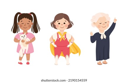 Kind and Fair Little Girl with Cat and Wearing Court Dress and Superhero Cloak Vector Set