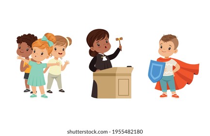 Kind and Fair Little Girl Character Protecting Agemate and Boy Holding Shield Vector Illustration Set