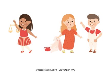 Kind and Fair Little Girl with Scale of Justice and Defending Toy from Boy Hooligan Vector Set