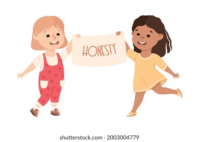 Kind and Fair Little Girls Holding Placard with Honesty Word on It Vector Illustration