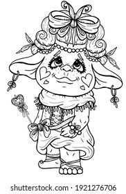 Kind fairytale fairy with magic wand, cute girl troll in wig with large bow-knot, in dress with neckerchief and round earrings, cartoon isolated character with big ears and eyes in full growth.