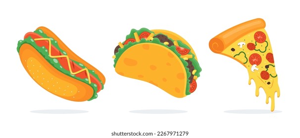 a kind of fast food. Illustration of Pizza, Taco, Hotdog. A Slice of pisa, big hotdog with mustard and sauce, taco full of vegetables, onion and sausage. food vector, Italian pizza with melted cheese