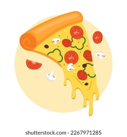 a kind of fast food. Illustration of Pizza. Vector a slice of pisa with melted cheese, mushroom, tomatoes, paprika, and olive. realistic Italian pizza with circle or round background behind fresh pisa